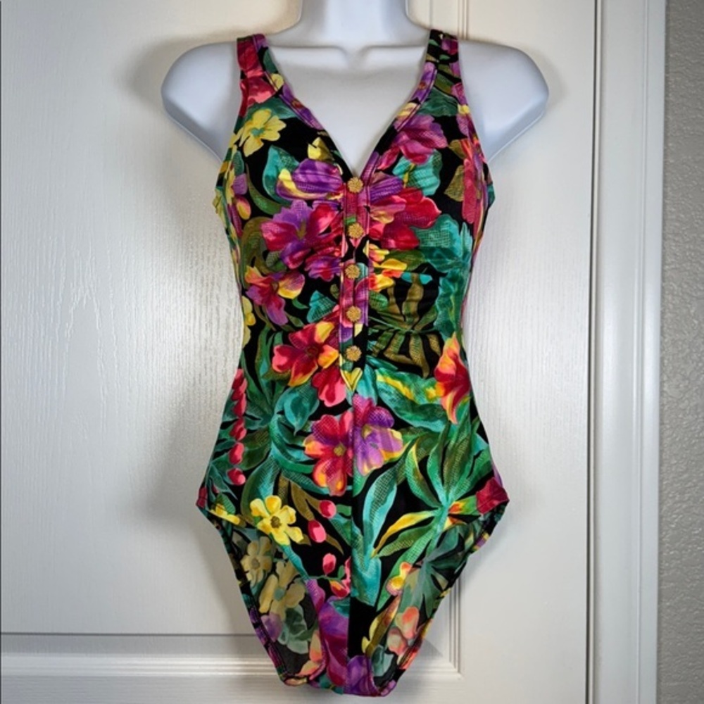Longitude Floral Tropical Islander Low Back V-Neck Swimsuit Size 10T EUC #5948
